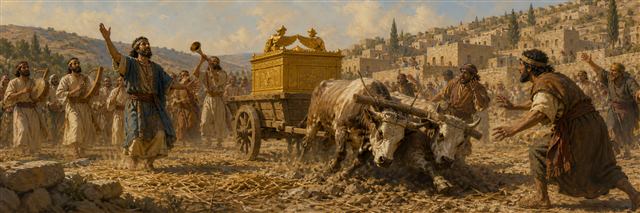 David’s musical procession reacting as oxen stumble while carrying the ark on a cart
